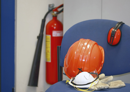 Personal protective equipment, mask, bump hat, ear defenders, glasses and gloves.