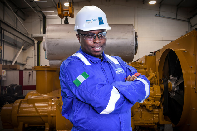 ScanTech Offshore employee wearing a James Fisher Nigeria hard hat