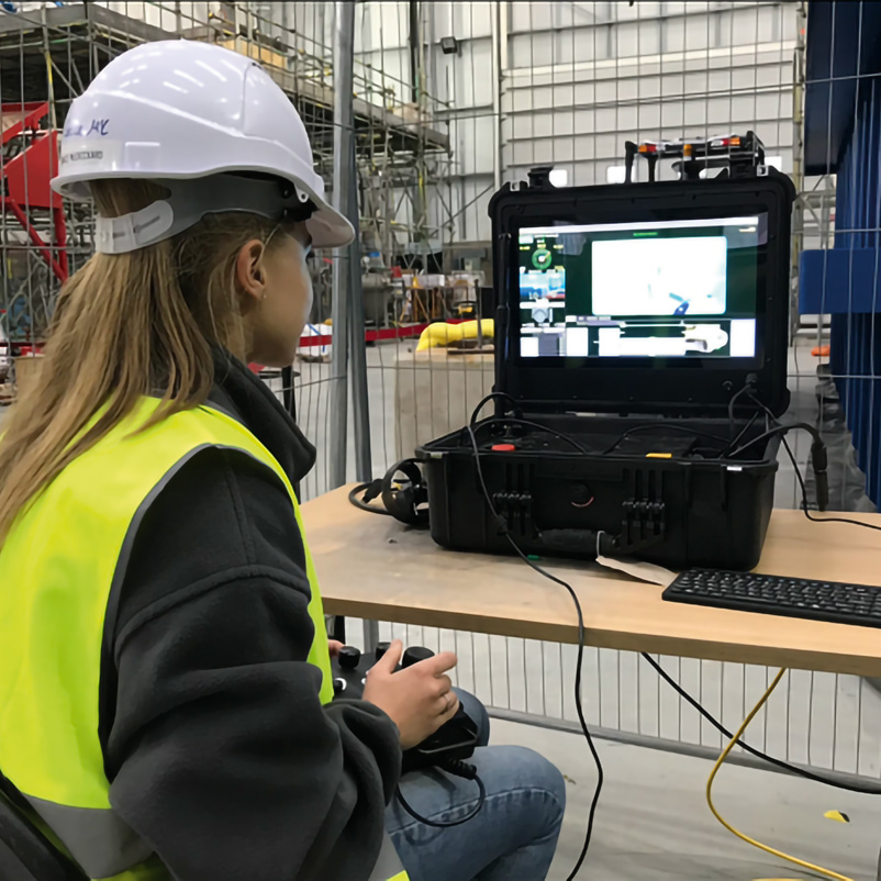 young female apprentice sat using a piece of equipment